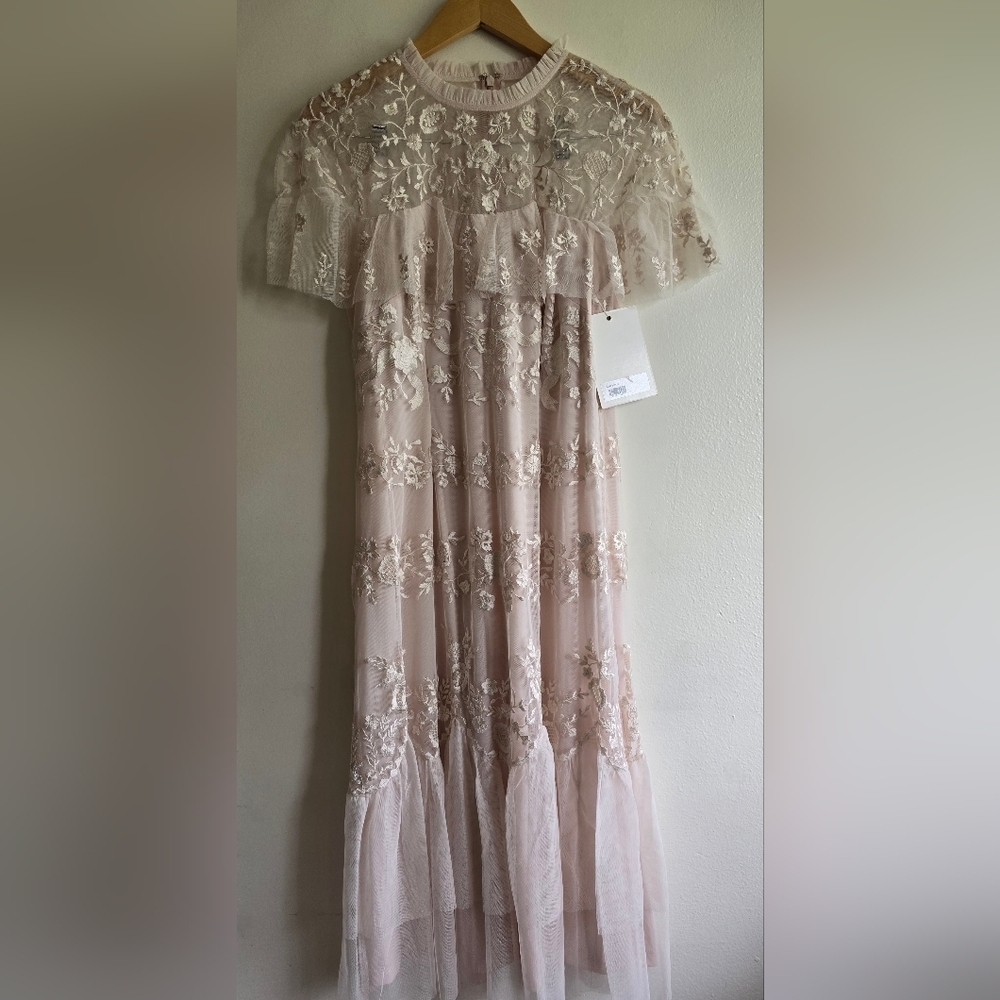 NWT! Mac Duggal, Embroidered Ruffled Sleeve Midi Dress,Blush,Size 10, MSRP $498 - Picture 4 of 11